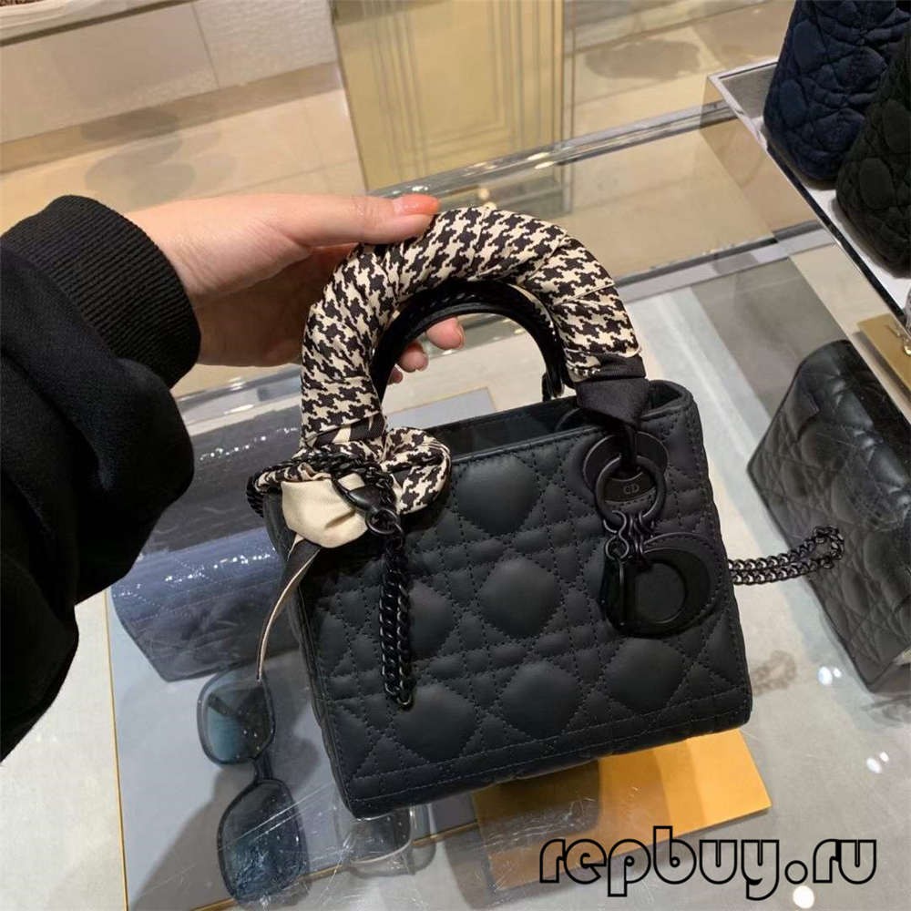 LADY DIOR Mini Black Matte Cowhide Top Replica Handbag with Silk Scarf Effect (2022 Edition)-Best Quality designer Bag Review, and online shopping, designer bag ru