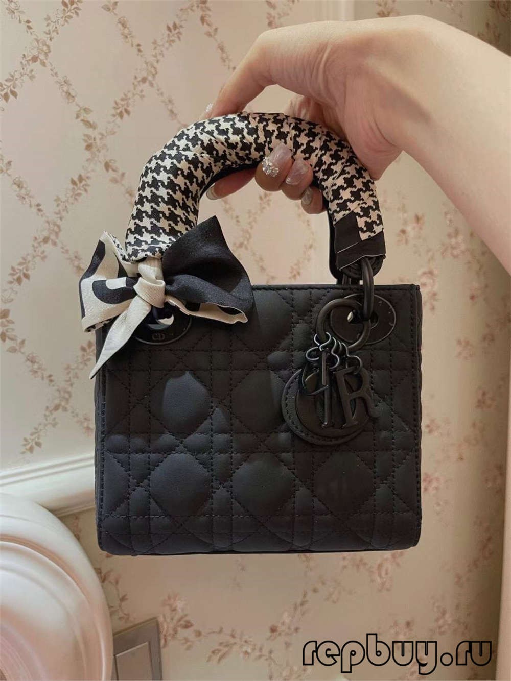 LADY DIOR Mini Black Matte Cowhide Top Replica Handbag with Silk Scarf Effect (2022 Edition)-Best Quality designer Bag Review, and online shopping, designer bag ru