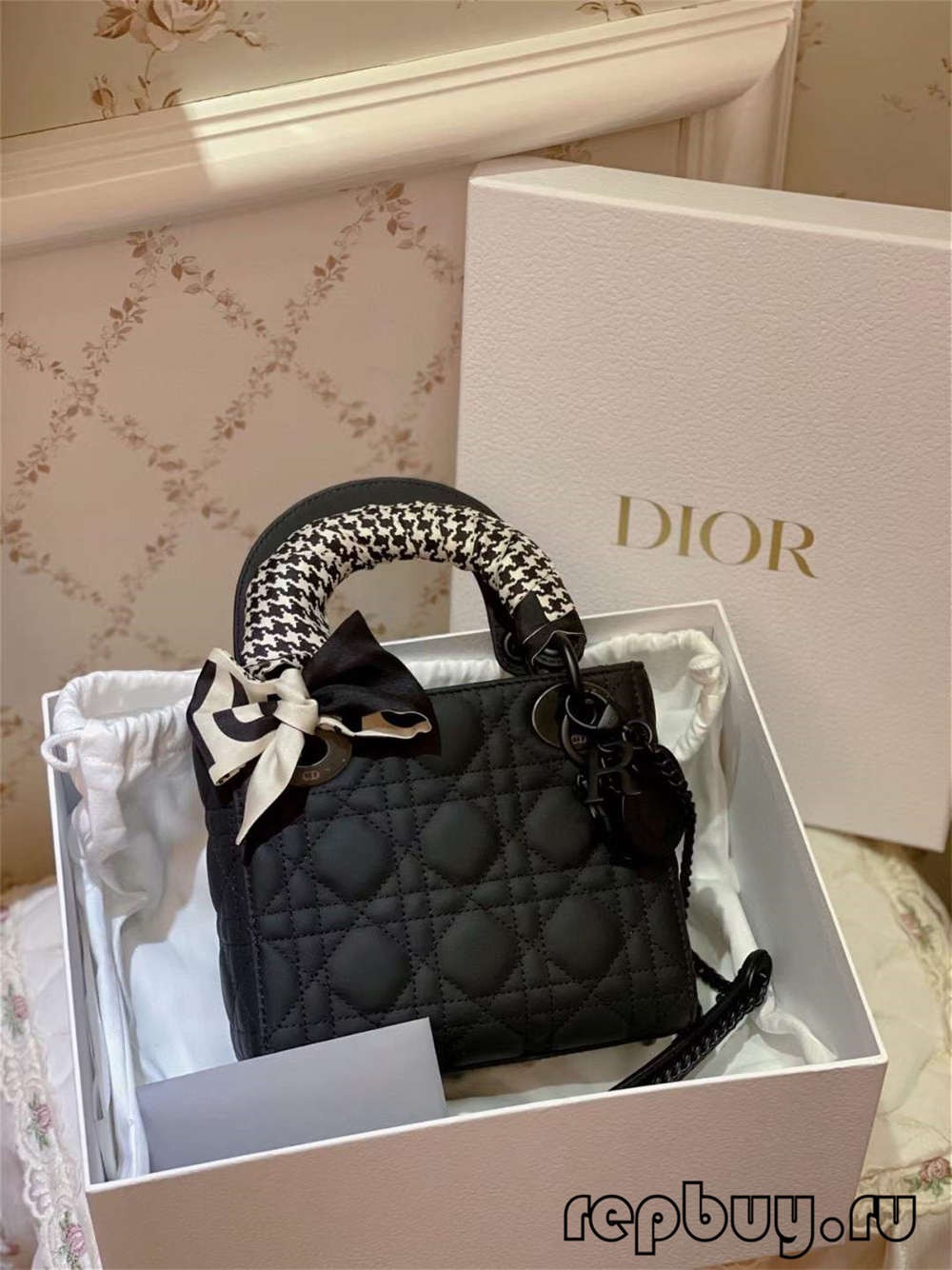LADY DIOR Mini Black Matte Cowhide Top Replica Handbag with Silk Scarf Effect (2022 Edition)-Best Quality designer Bag Review, and online shopping, designer bag ru